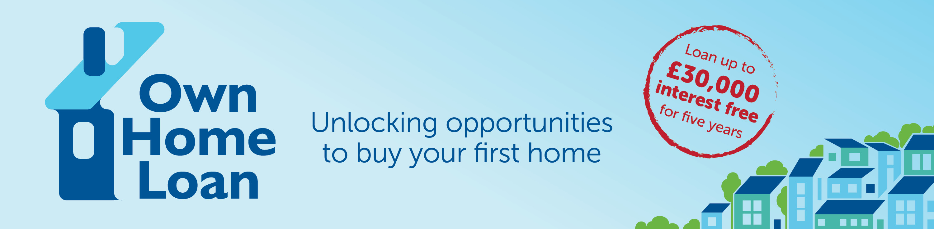 Image of the outline of people standing outside the outline of a house along with the text of 'Own Home Loan - Unlocking opportunities to own your own home