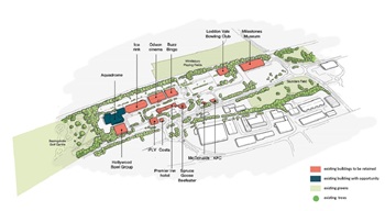 Leisure park illustration of existing buildings and trees